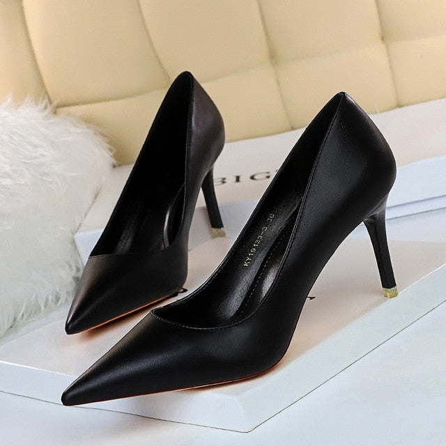 Refined women's pointed-toe high heel pumps, classic elegant formal and party fashion footwear.