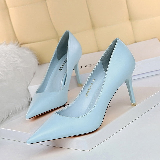 Modern women's elegant pointed-toe high heel pumps, sleek slip-on footwear for formal & party style.
