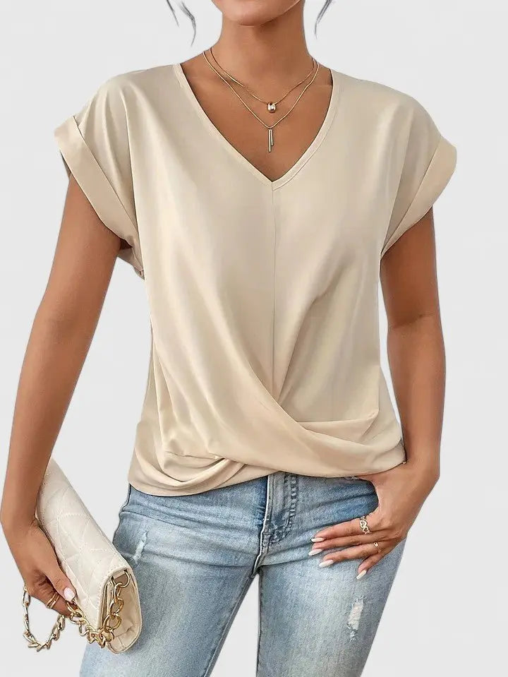 Women's V-Neck Short Sleeve Top with stylish twist front detail, perfect for casual wear & everyday style.