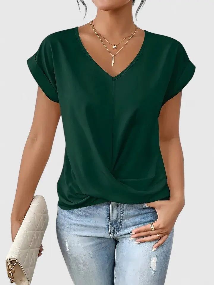 Comfortable women's short sleeve V-neck top with a chic twist front, ideal for relaxed fit & versatile fashion.