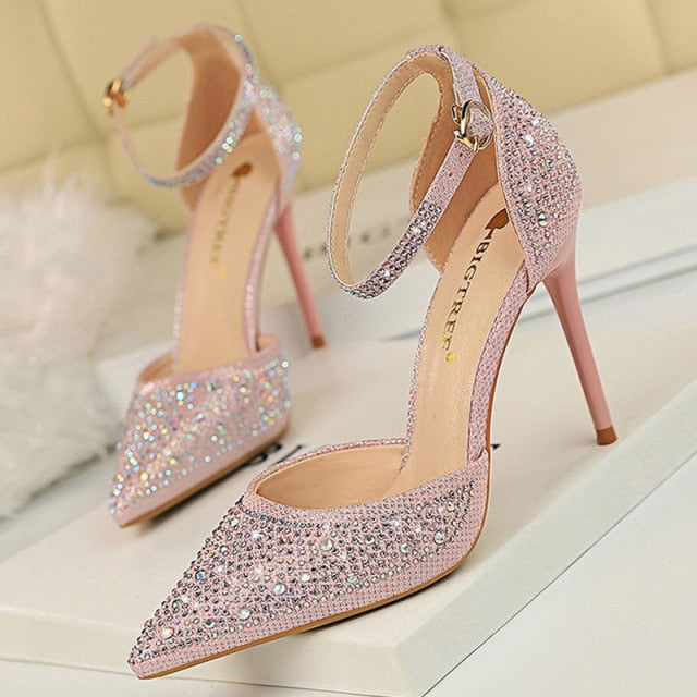 Women's elegant rhinestone stiletto high heels with an ankle strap, great for weddings & formal events.