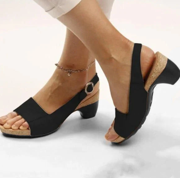 Stylish women's low chunky heel shoes offering orthopedic support and elegant everyday comfort.