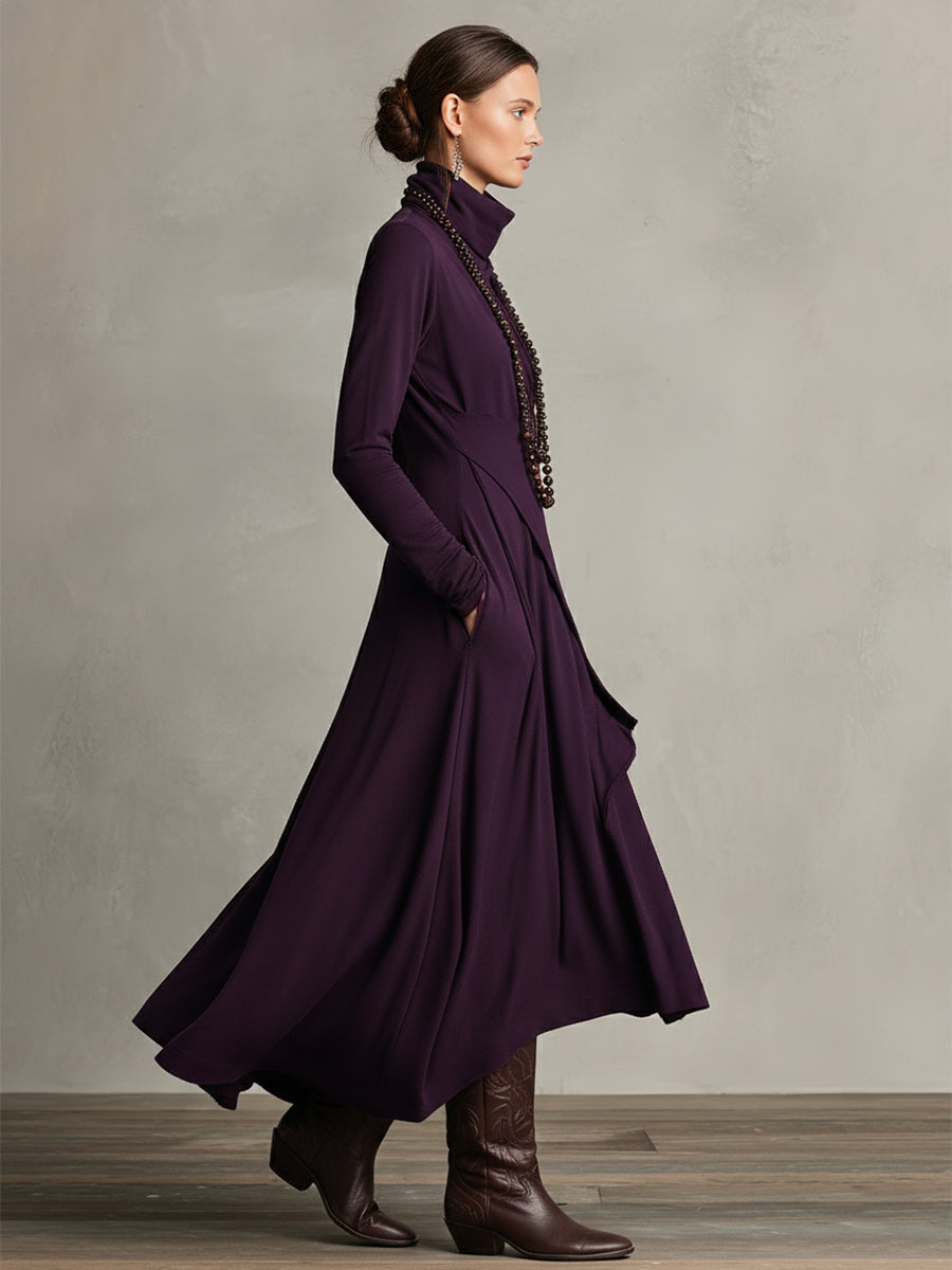 Chic women's draped turtleneck dress, long sleeve with practical pockets, a stylish winter essential.