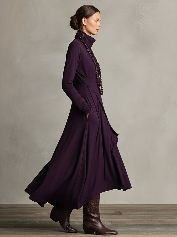 Chic women's draped turtleneck dress, long sleeve with practical pockets, a stylish winter essential.