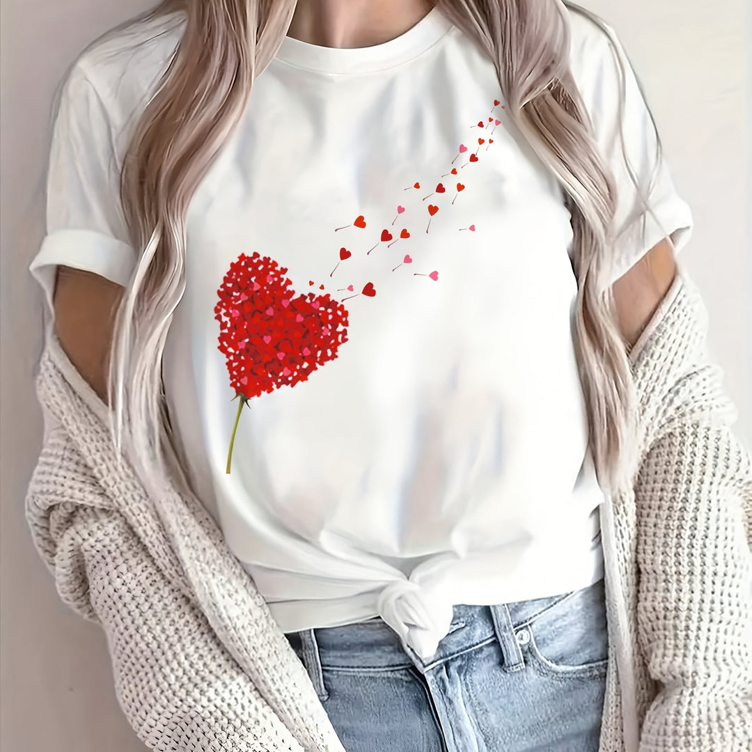 Women's cute heart & floral print t-shirt with round neck. Perfect casual short-sleeve top for everyday fashion.