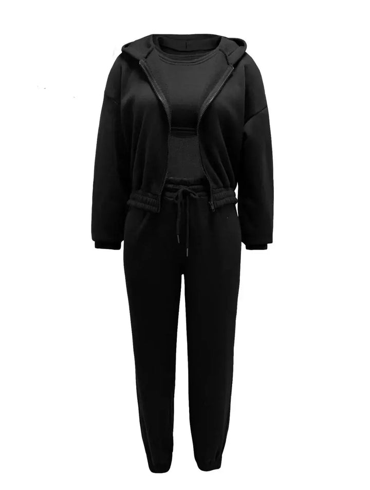 Soft fabric women's 3-piece loungewear: cropped hoodie, joggers, & supportive bralette.
