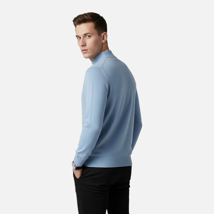 Stylish Valmonti men's pullover sweater with a half-turtleneck design, essential autumn & winter knitwear.