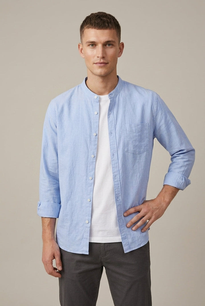 Men's fashion long sleeve shirt, perfect for smart casual wear, with a band collar and chest pocket detail.