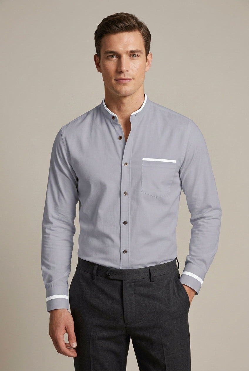 Modern men's long-sleeve grandad collar shirt. Slim fit design with contrast trim for a polished smart casual style.