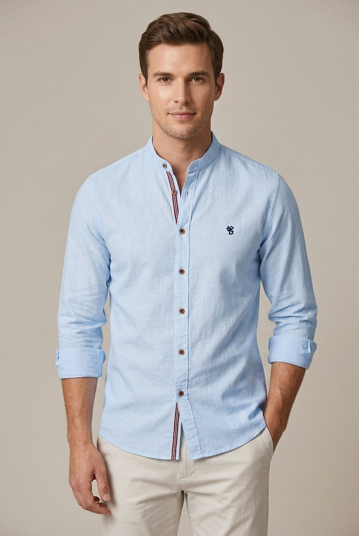 Men's fashion short sleeve stand collar shirt. Tailored relaxed fit for a modern smart casual look.