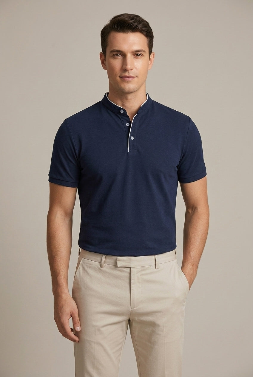 Versatile men's mandarin collar polo shirt in a sleek slim fit, perfect for contemporary casual wear.