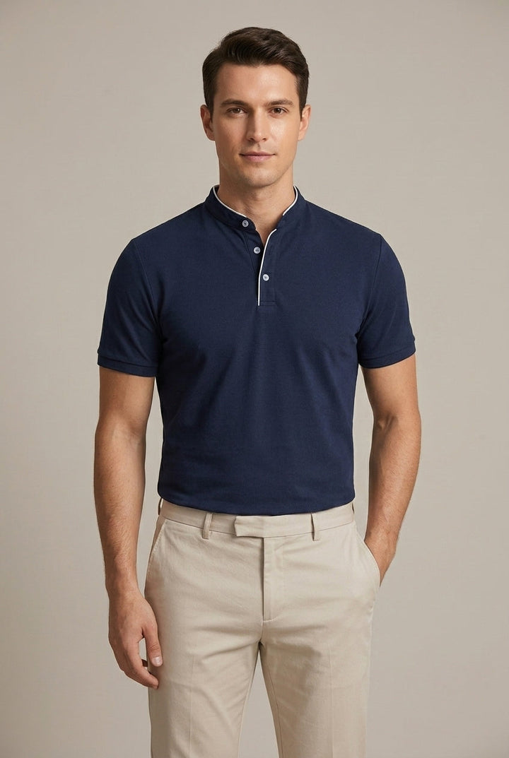 Versatile men's mandarin collar polo shirt in a sleek slim fit, perfect for contemporary casual wear.