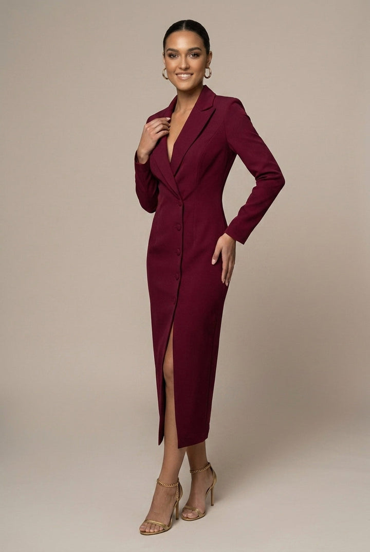 Chic single-breasted blazer midi dress for women, with notch lapel, suitable for all-season elegant work or formal events.