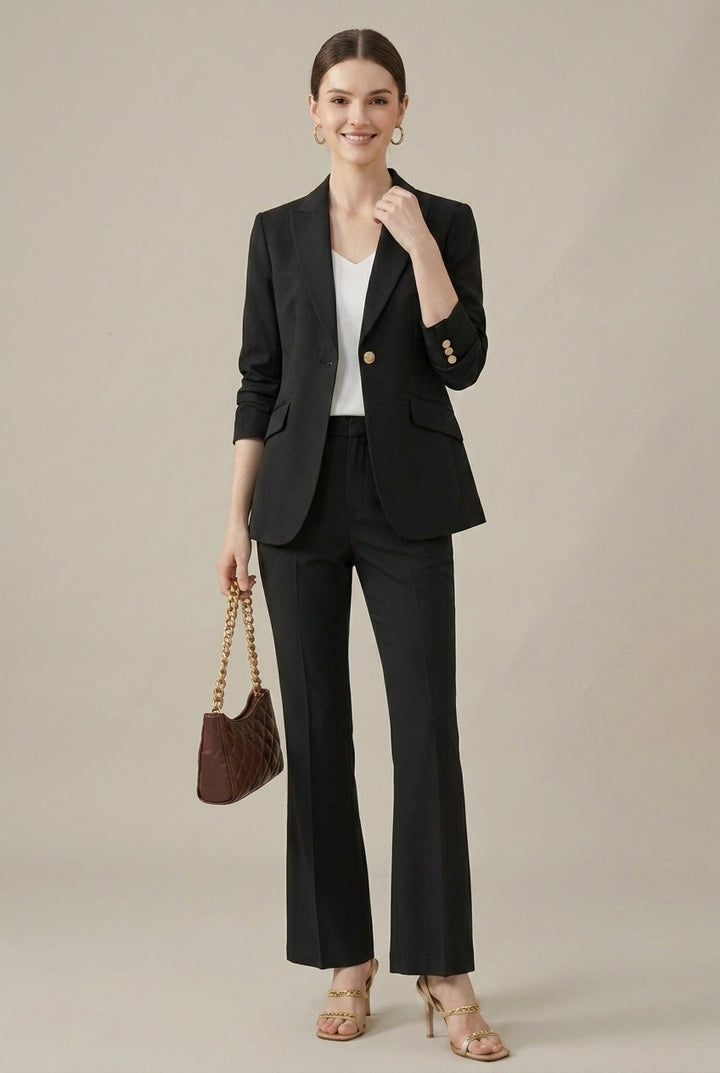 Stylish women's tailored workwear suit with gold button blazer and straight leg trousers ensemble.