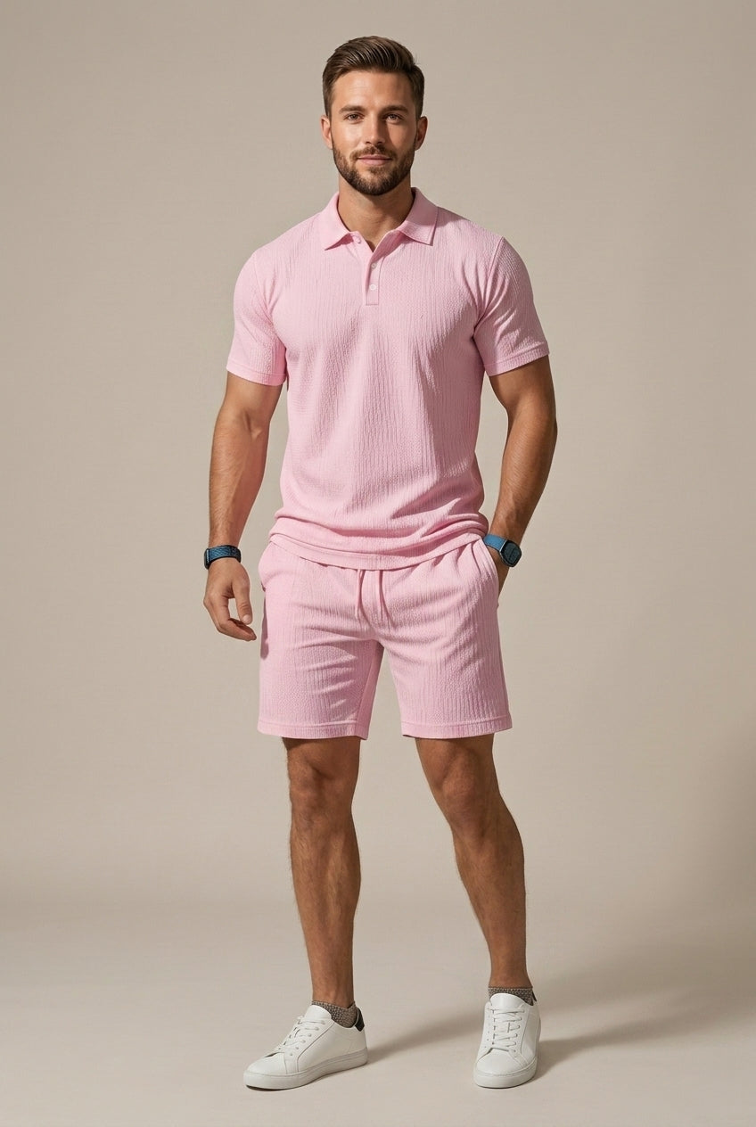 Modern men's textured polo shirt and coordinating drawstring shorts set. A comfortable and stylish spring/summer look.