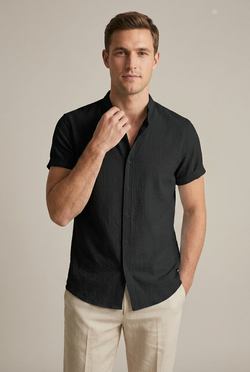 Stylish men's band collar short sleeve summer shirt. Loose fit, textured for casual comfort & smart casual mens fashion.