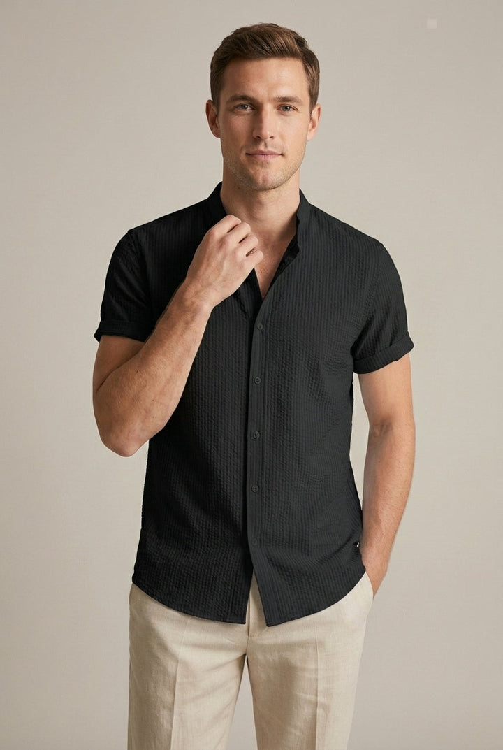 Stylish men's band collar short sleeve summer shirt. Loose fit, textured for casual comfort & smart casual mens fashion.