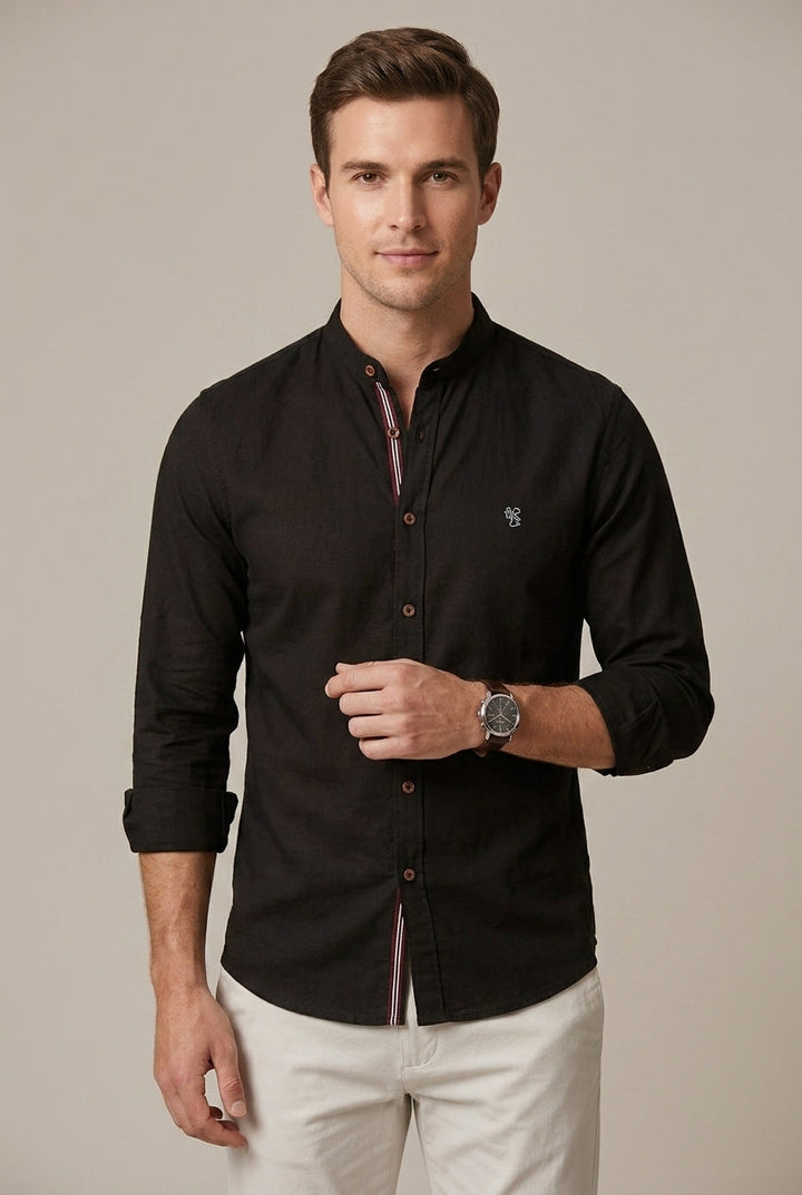 Versatile men's short sleeve stand collar shirt, relaxed fit. Perfect button-up for smart casual summer.