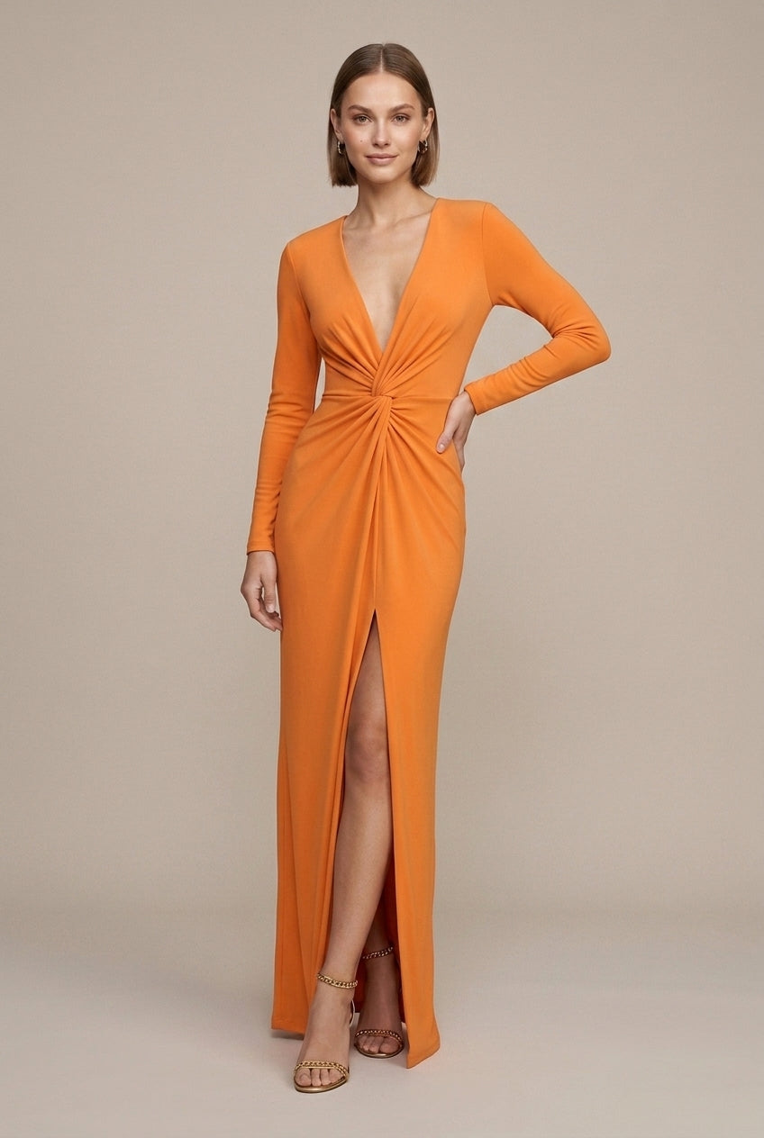 Women's sophisticated deep V-neck maxi dress with an elegant twist waist and daring front slit design.
