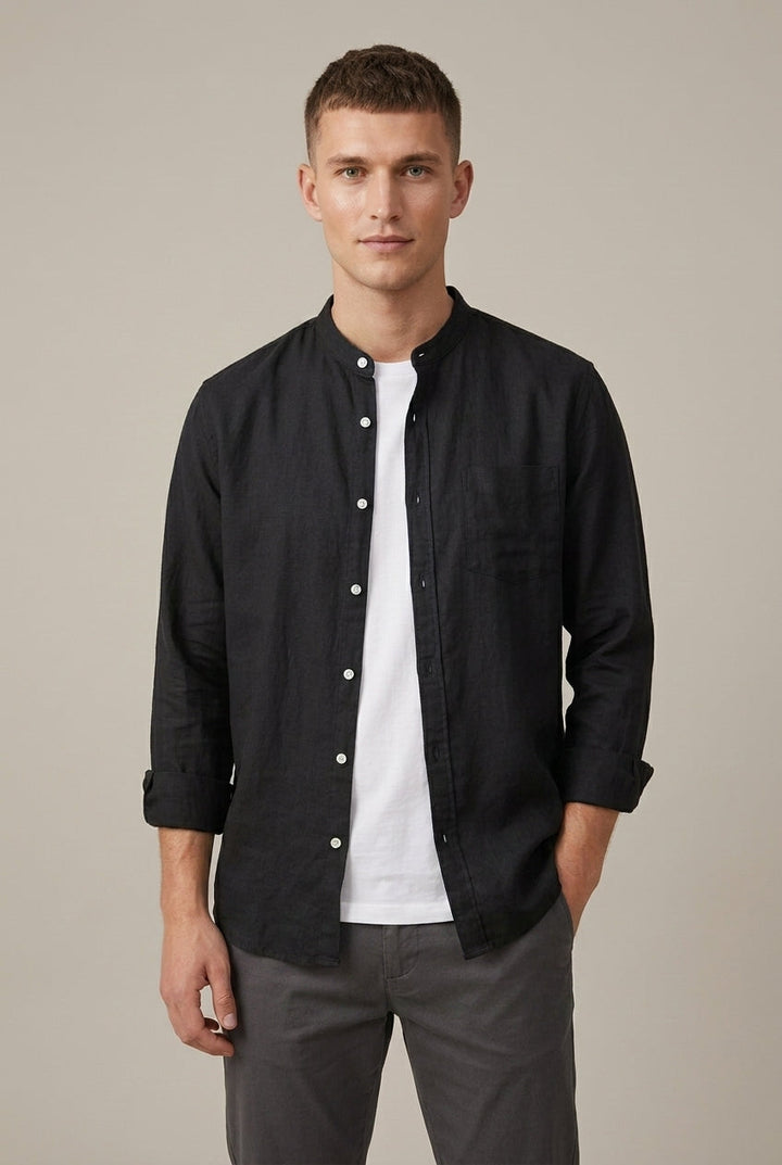 Lightweight men's long sleeve shirt featuring a modern band collar and practical chest pocket.