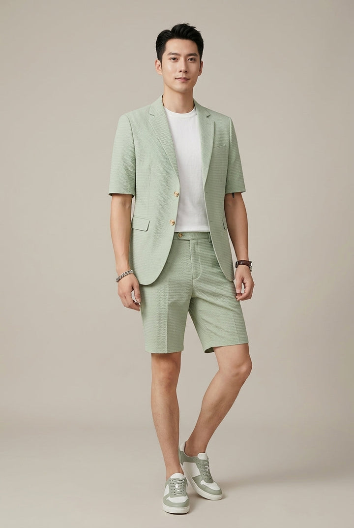 Trendy men's short sleeve lapel blazer and matching shorts set. A versatile two-piece for spring/summer smart casual outfits.