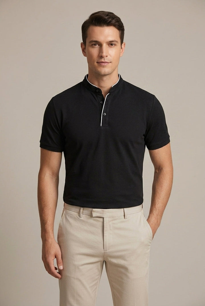 Men's short sleeve slim fit polo shirt, distinctive mandarin collar offers a modern, smart casual look.
