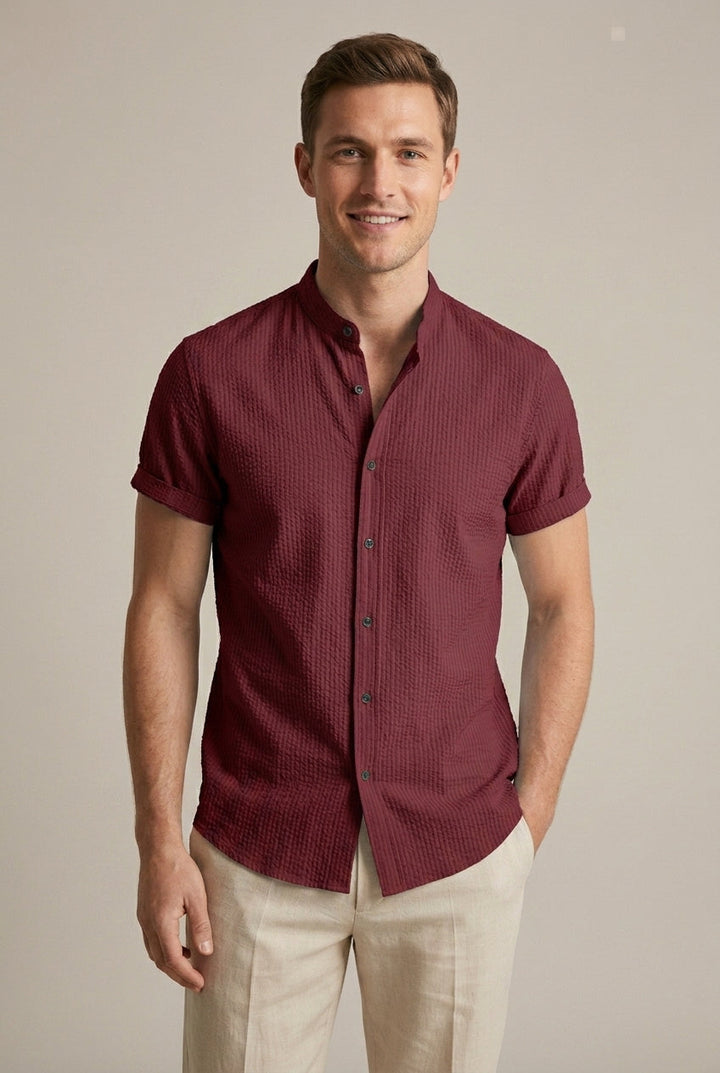 Casual mens short sleeve button front shirt. Band collar, textured for summer. Smart casual loose fit men's fashion.