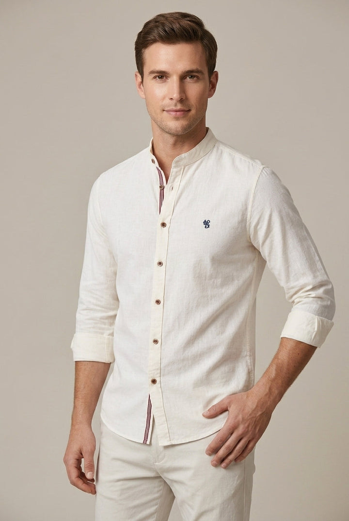 Comfortable men's relaxed fit short sleeve button-up shirt with stand collar. Breathable summer wear.