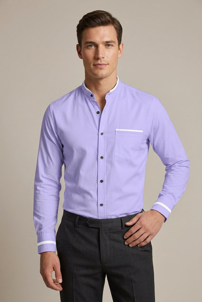 Versatile men's long-sleeve grandad collar shirt with subtle contrast trim, great for all-season smart casual.