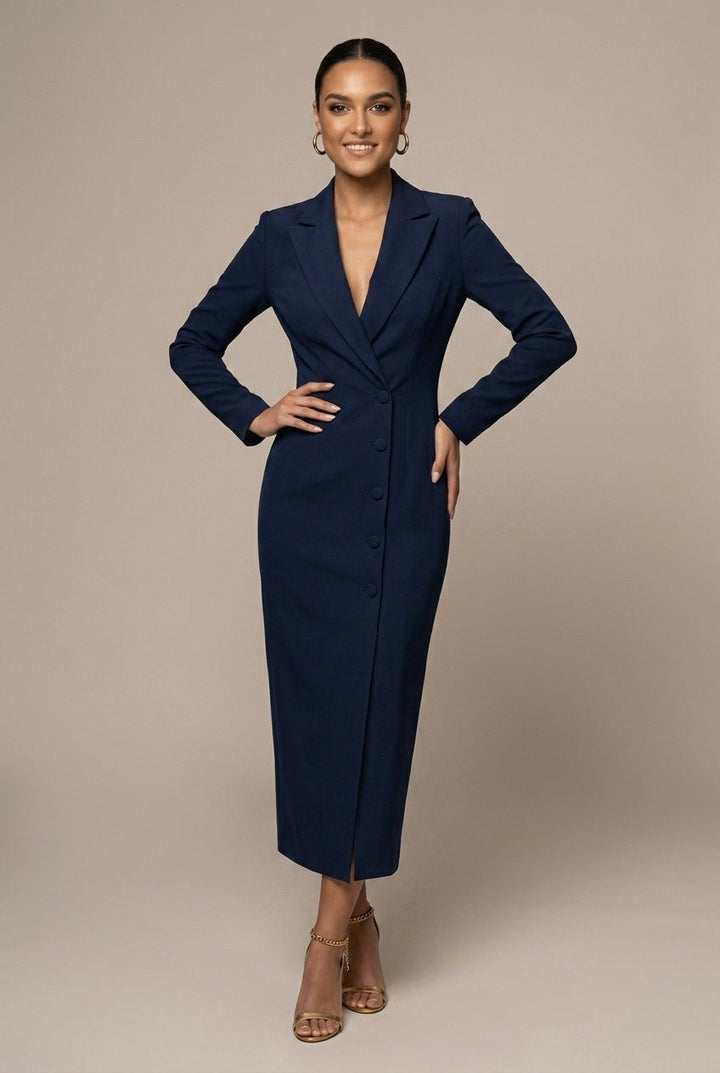 Stylish women's midi blazer dress, single-breasted with notch lapel, an elegant choice for professional workwear.
