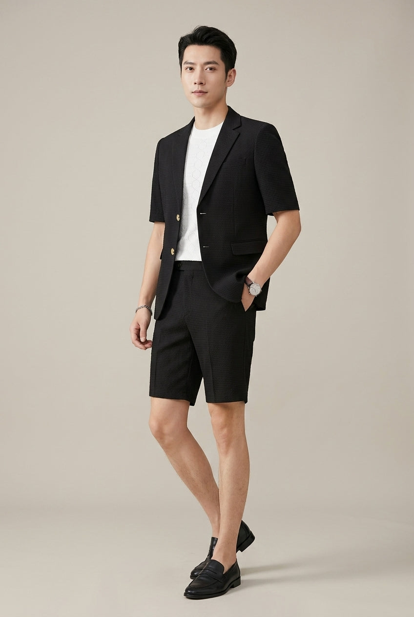 Modern men's fashion: comfortable short sleeve lapel blazer and shorts set, a stylish choice for summer casual wear.