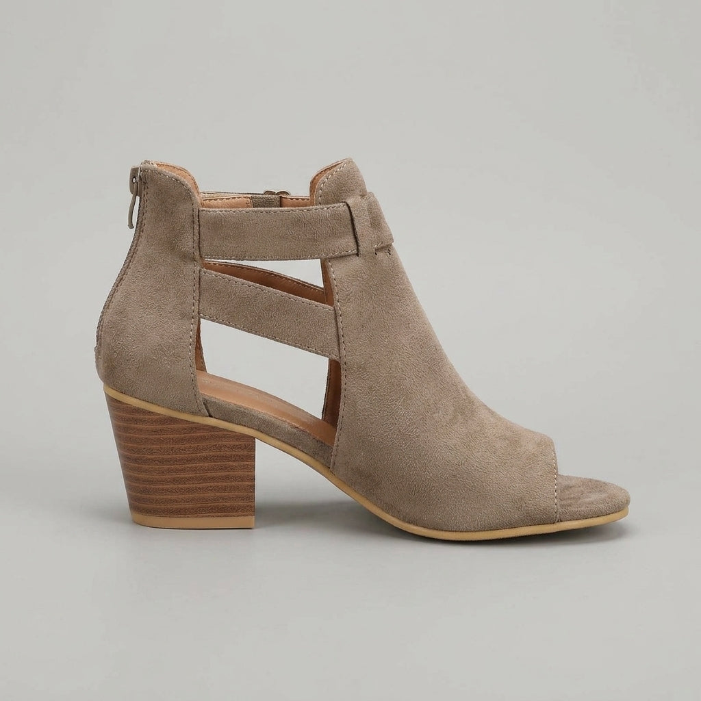 Peep toe block heel sandals for women, featuring a secure ankle buckle strap & trendy cut out detailing.