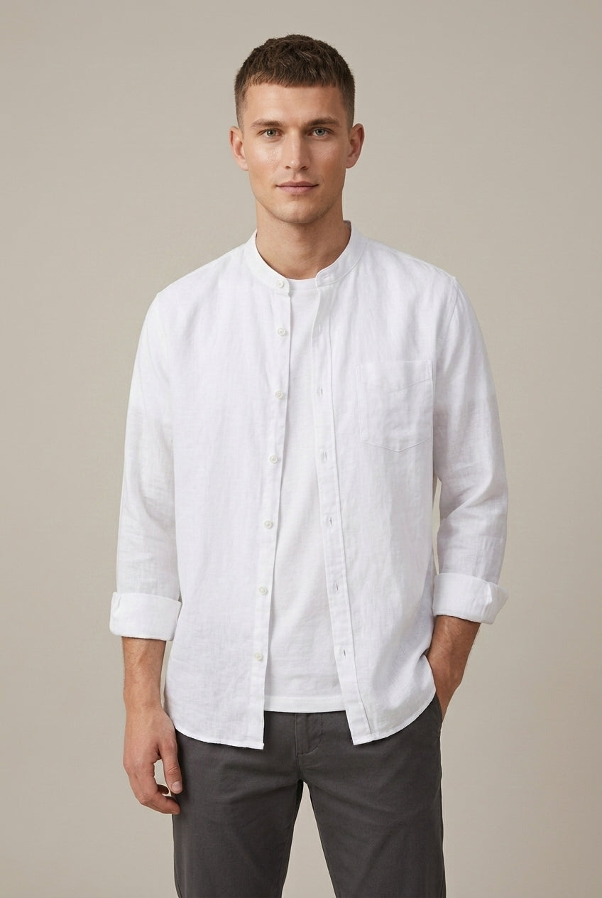 Modern men's band collar shirt with long sleeves & chest pocket; a versatile lightweight smart casual option.
