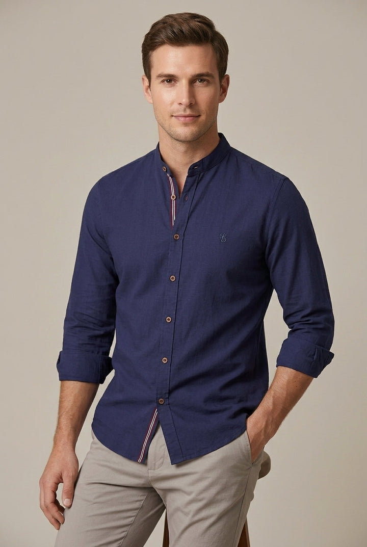 Men's smart casual short sleeve stand collar shirt. Relaxed fit for breathable, comfortable summer style.