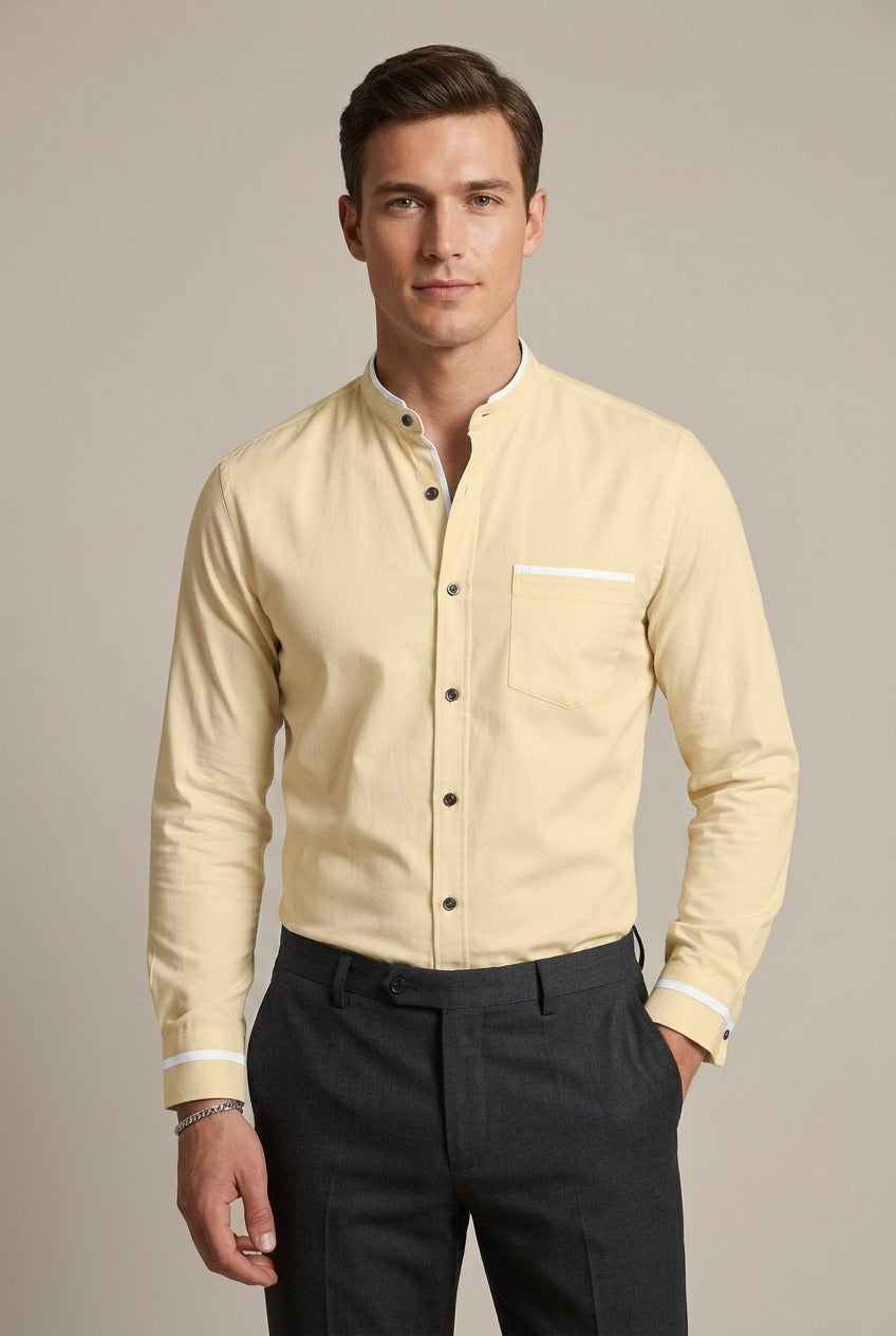 Detail view of men's long-sleeve grandad collar shirt, highlighting the stylish contrast trim on collar & cuffs.