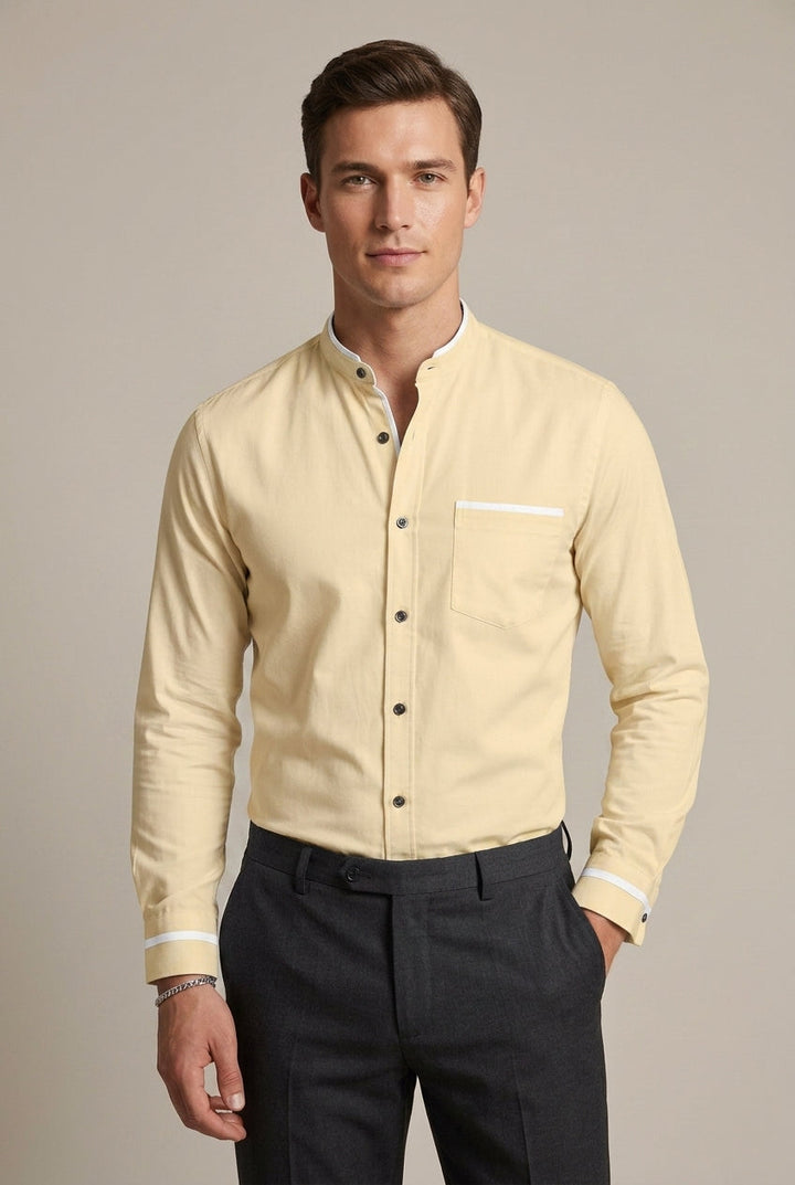 Detail view of men's long-sleeve grandad collar shirt, highlighting the stylish contrast trim on collar & cuffs.