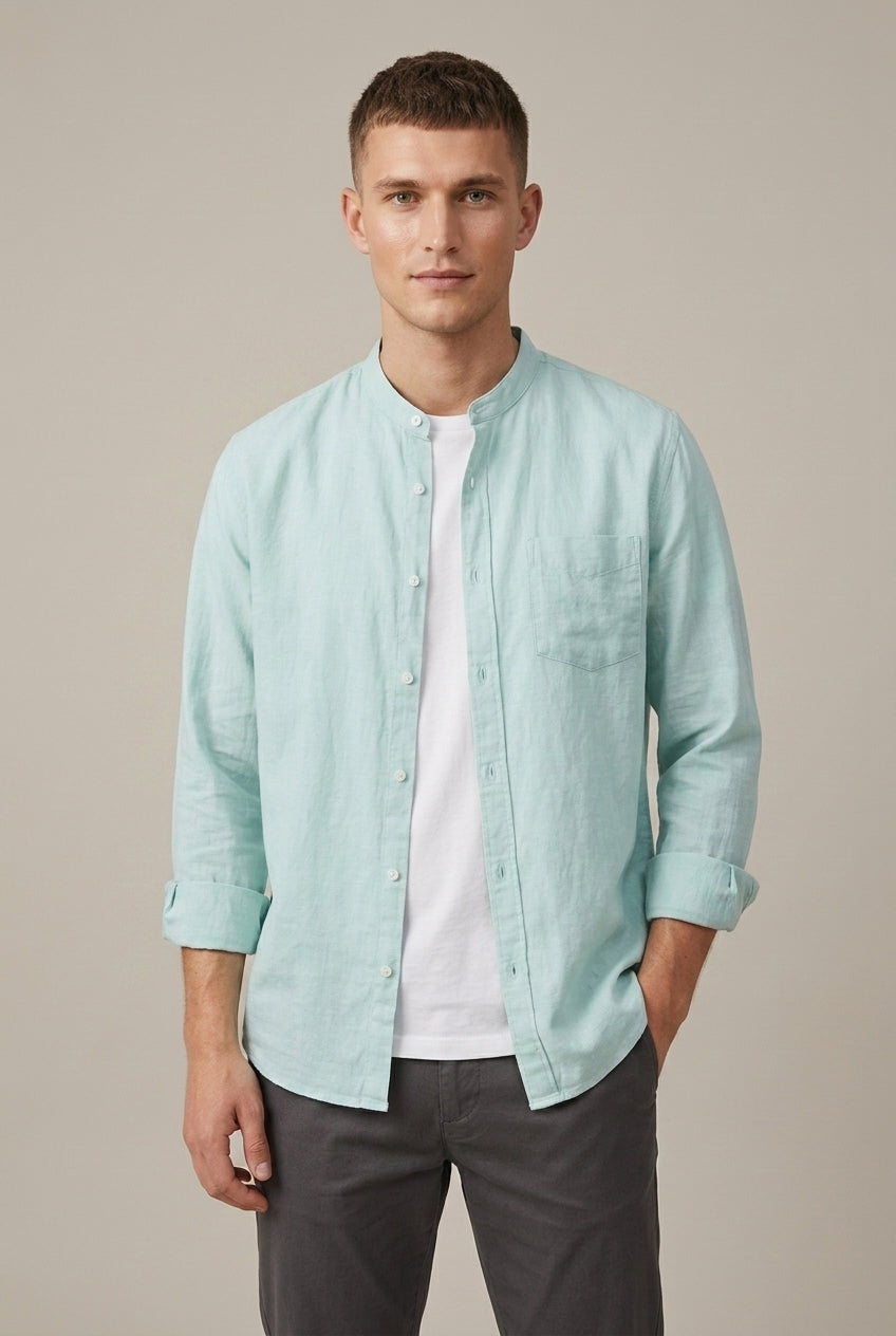 Stylish men's button-front shirt with a unique band collar, long sleeves, and a practical chest pocket.
