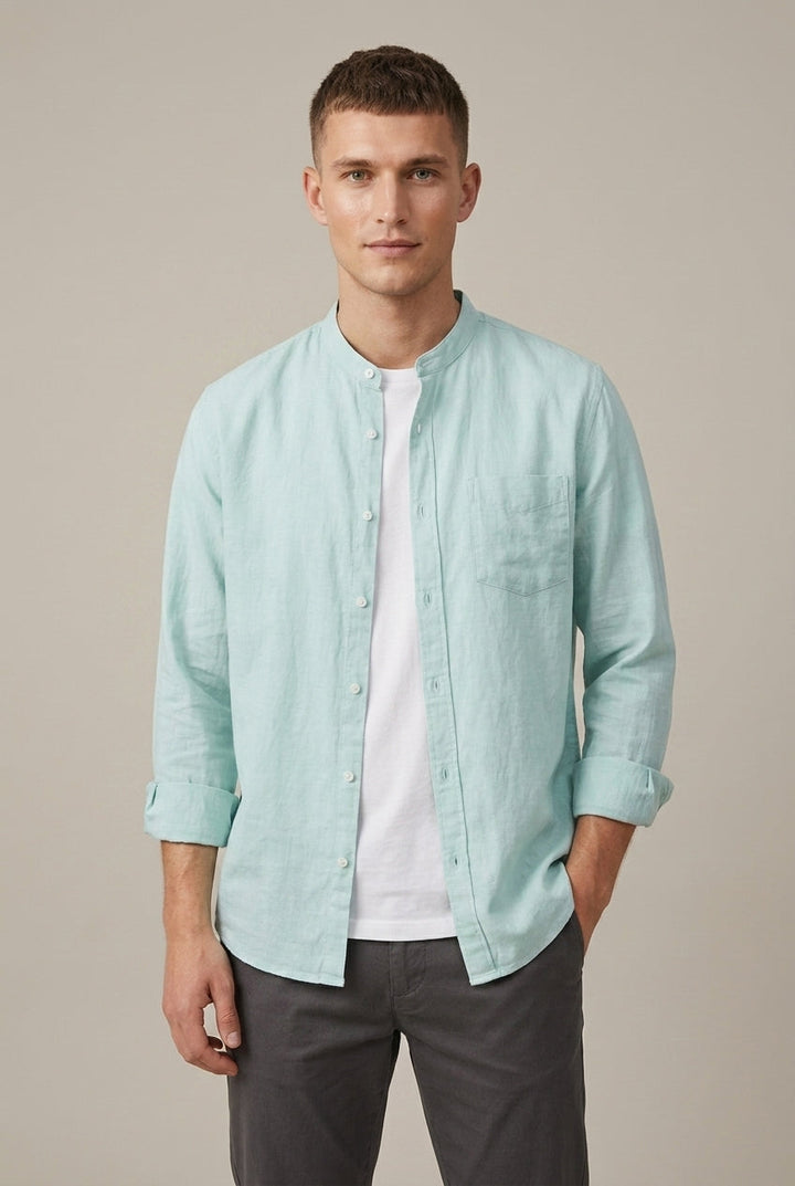 Stylish men's button-front shirt with a unique band collar, long sleeves, and a practical chest pocket.