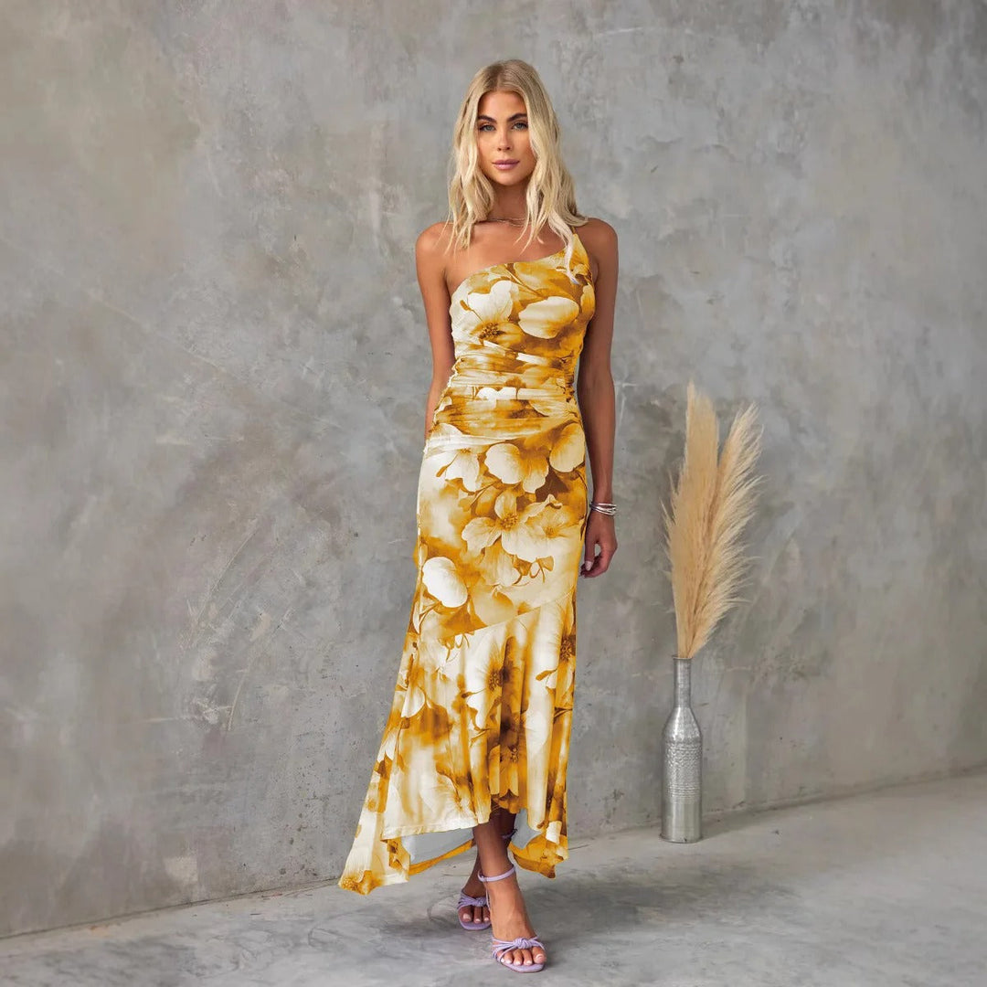 Flowing elegant women's floral midi dress, perfect for summer brunches, parties, or special occasions.