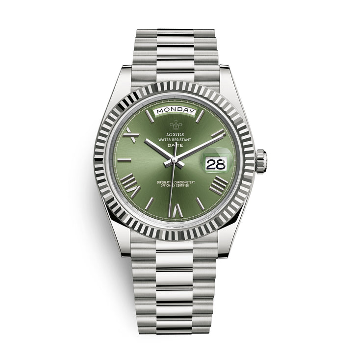 Robust men's stainless steel Day Date Quartz Watch, offering durable and timeless style for daily wear.