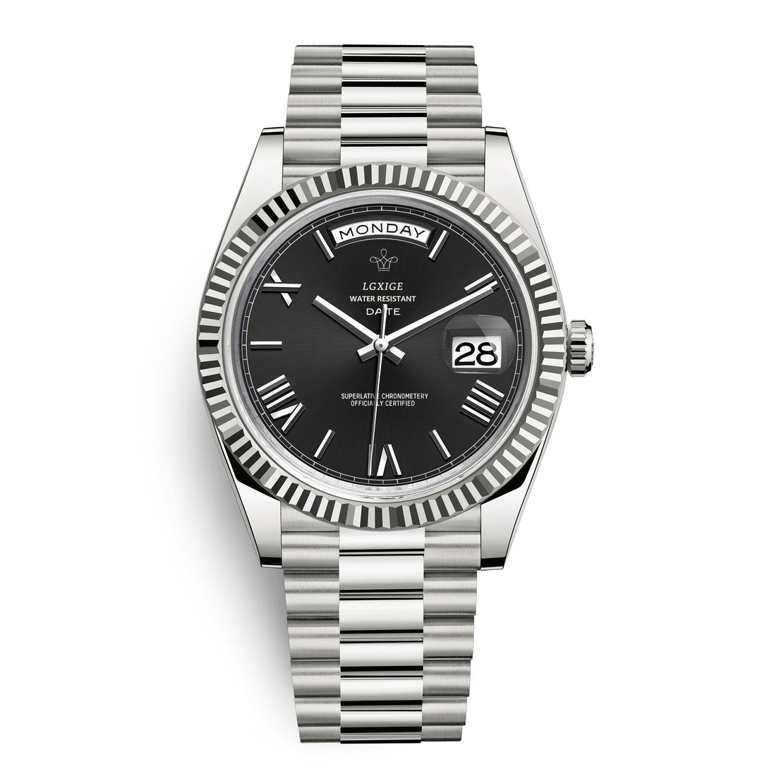 Elegant men's Day Date Quartz Watch, a classic stainless steel timepiece perfect for sophisticated men's fashion.