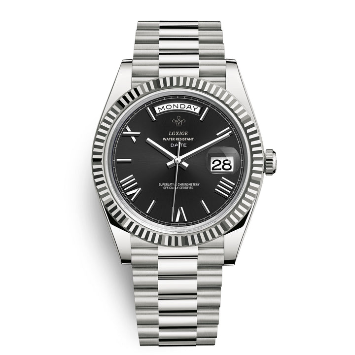 Elegant men's Day Date Quartz Watch, a classic stainless steel timepiece perfect for sophisticated men's fashion.