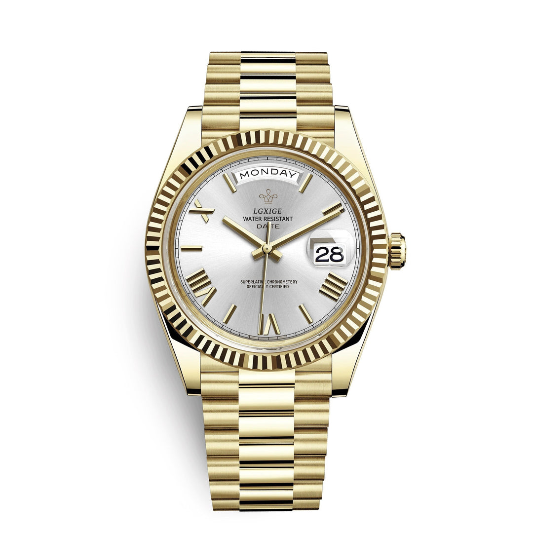 Detailed shot of men's classic quartz watch, emphasizing the high-quality craftsmanship of its stainless steel.