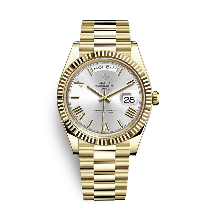 Detailed shot of men's classic quartz watch, emphasizing the high-quality craftsmanship of its stainless steel.