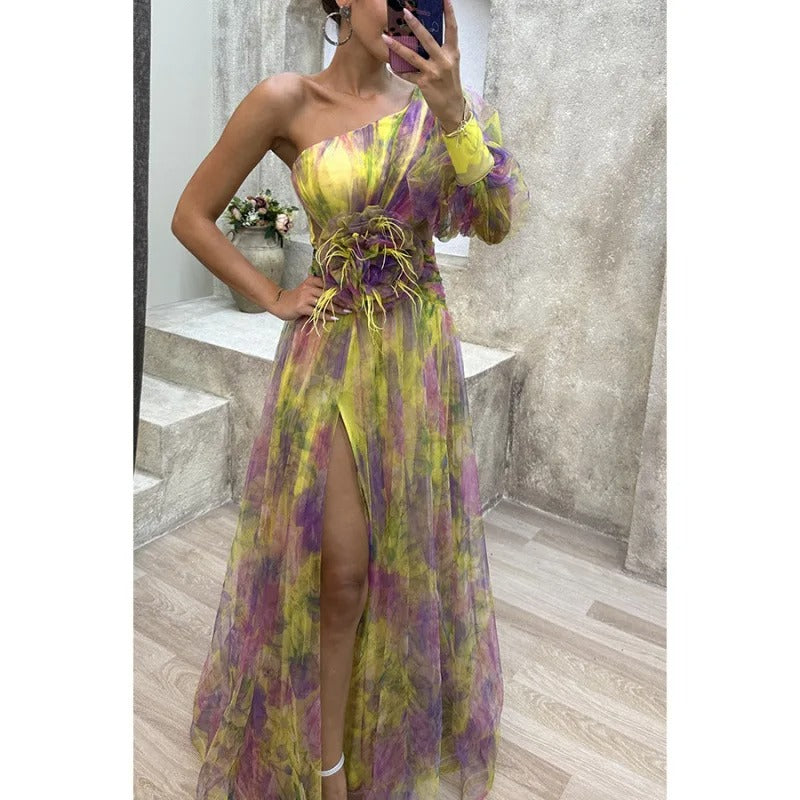 Elegant women's floral print maxi dress with asymmetrical design, perfect for summer parties & evenings.