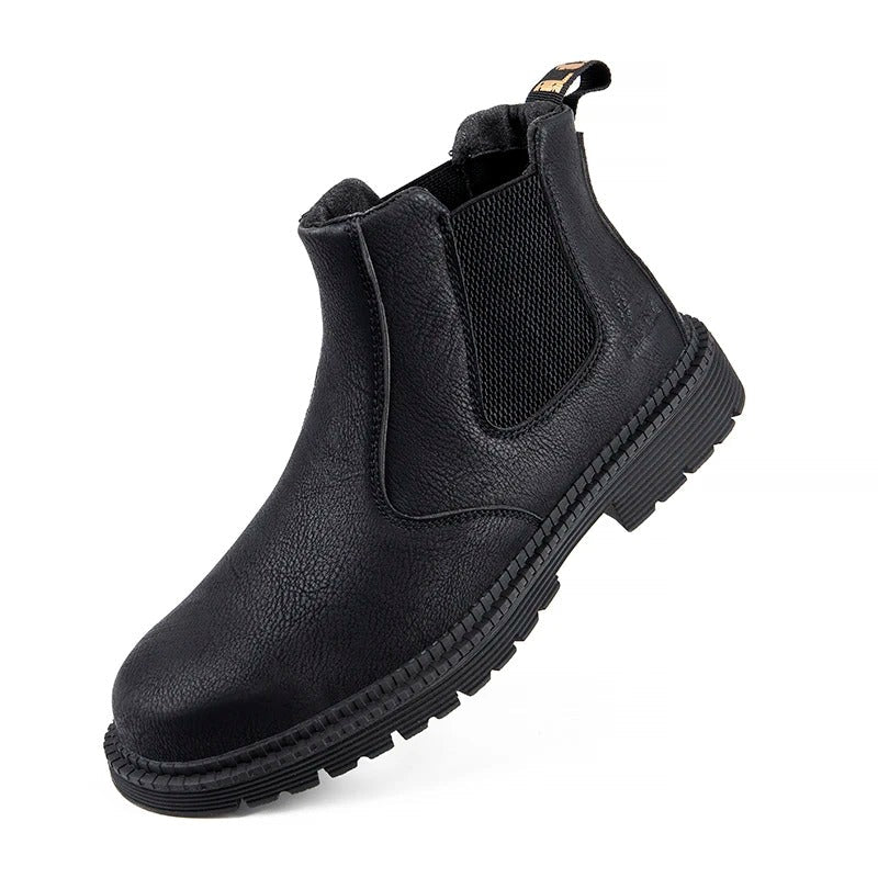 Durable men's waterproof steel toe work boots, protective slip-resistant footwear for construction & industrial.