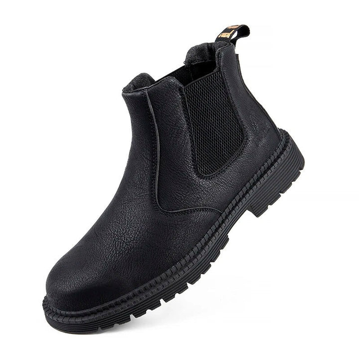 Durable men's waterproof steel toe work boots, protective slip-resistant footwear for construction & industrial.