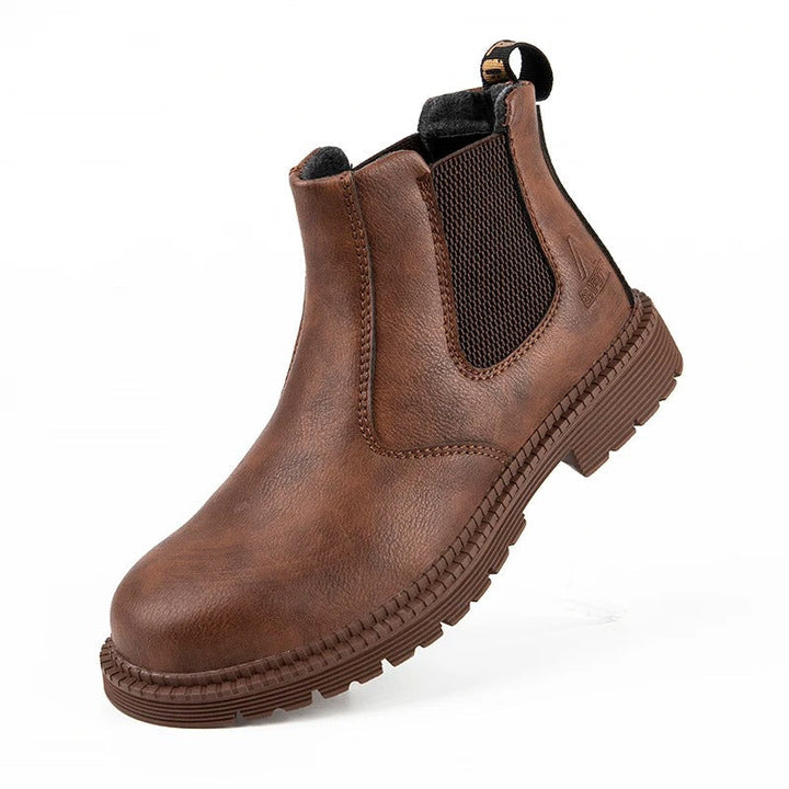 Lace-up men's waterproof steel toe work boots, ideal for construction and outdoor work, slip-resistant safety.