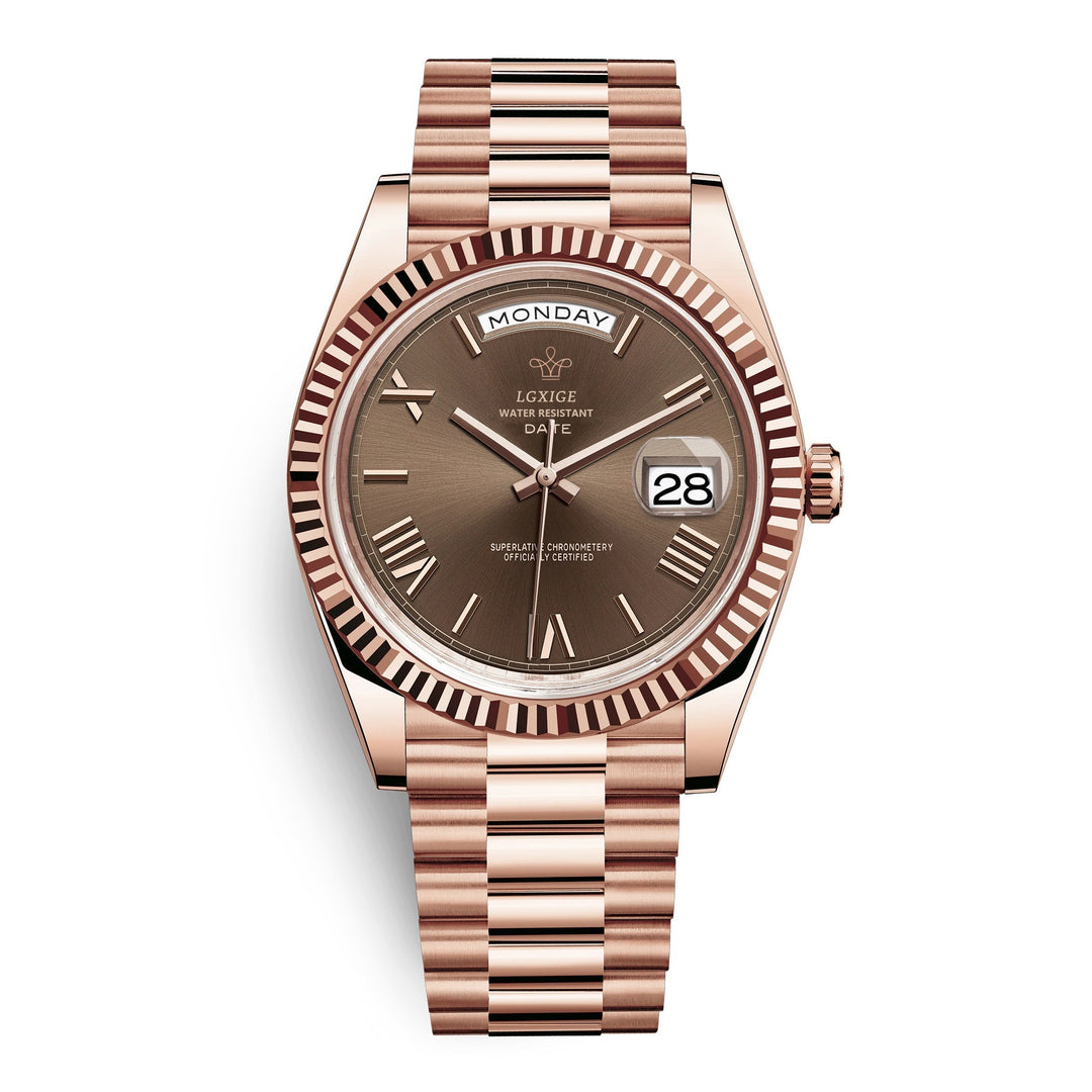 Men's classic Day Date Quartz Watch with stainless steel band, worn for a sophisticated business look.