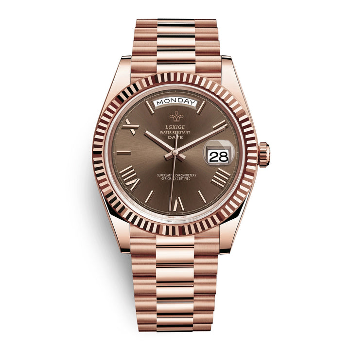 Men's classic Day Date Quartz Watch with stainless steel band, worn for a sophisticated business look.